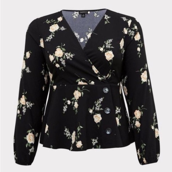 Torrid Black Floral Crepe Surplice Midi Peplum Top Long Sleeve, size 4 (4X) EUC - Picture 1 of 6